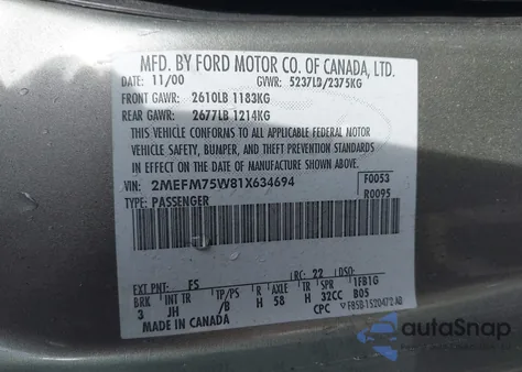 2001 Mercury Grand Marquis Ls из США, поврежденный, VIN 2MEFM75W81X634694